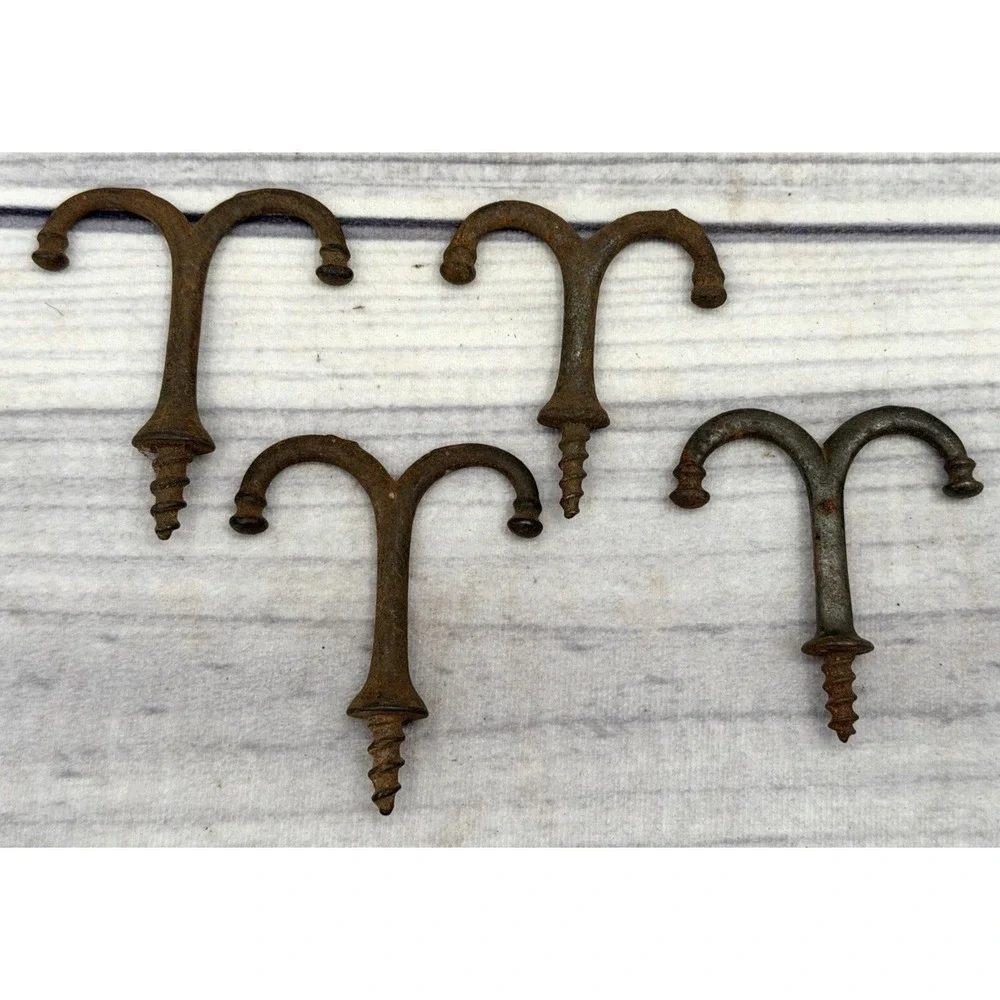LOT OF 4 ANTIQUE SALVAGED CAST IRON SCREW IN DOUBLE HOOKS